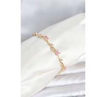 Pirinç Gold Renk Pembe Zirkon Taşlı Çiçek Model Kadın Bileklik TJ-BB8538
