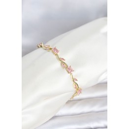 Pirinç Gold Renk Pembe Zirkon Taşlı Çiçek Model Kadın Bileklik TJ-BB8538