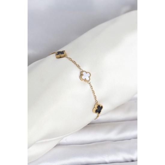 316L Çelik Gold Renk Siyah Beyaz Baby Yonca Model Kadın Bileklik TJ-BB8557