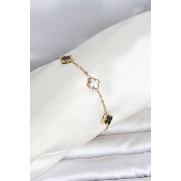 316L Çelik Gold Renk Siyah Beyaz Baby Yonca Model Kadın Bileklik TJ-BB8557
