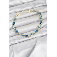 Pirinç Gold Renk Mavi Zirkon Taşlı Çiçek Model Kadın Bileklik TJ-BB8575