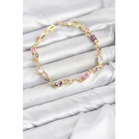 Pirinç Gold Renk Pembe ve Mor Zirkon Taşlı Çiçek Model Kadın Bileklik TJ-BB8585