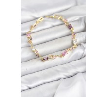 Pirinç Gold Renk Pembe ve Mor Zirkon Taşlı Çiçek Model Kadın Bileklik TJ-BB8585