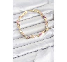 Pirinç Gold Renk Pembe ve Mor Zirkon Taşlı Çiçek Model Kadın Bileklik TJ-BB8585