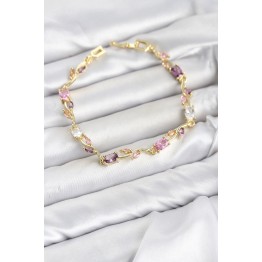 Pirinç Gold Renk Pembe ve Mor Zirkon Taşlı Çiçek Model Kadın Bileklik TJ-BB8585