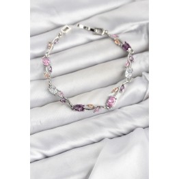 Pirinç Gümüş Renk Pembe ve Mor Zirkon Taşlı Çiçek Model Kadın Bileklik TJ-BB8586