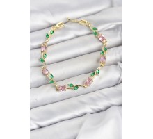 Pirinç Gold Renk Pembe Zirkon Taşlı Çiçek Model Kadın Bileklik TJ-BB8589