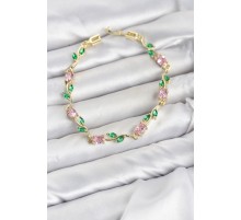 Pirinç Gold Renk Pembe Zirkon Taşlı Çiçek Model Kadın Bileklik TJ-BB8589