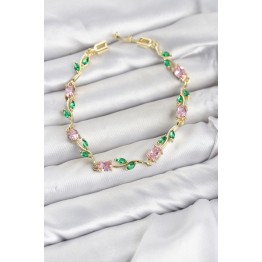 Pirinç Gold Renk Pembe Zirkon Taşlı Çiçek Model Kadın Bileklik TJ-BB8589