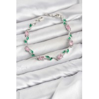 Pirinç Gümüş Renk Pembe Zirkon Taşlı Çiçek Model Kadın Bileklik TJ-BB8590