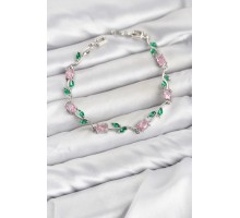 Pirinç Gümüş Renk Pembe Zirkon Taşlı Çiçek Model Kadın Bileklik TJ-BB8590