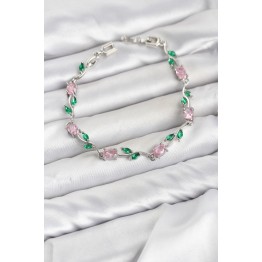 Pirinç Gümüş Renk Pembe Zirkon Taşlı Çiçek Model Kadın Bileklik TJ-BB8590