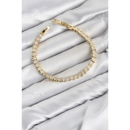 CM Şerit Model Zirkon Taşlı VIP Seri Gold Renk Pirinç Kadın Bileklik TJ-BB8606