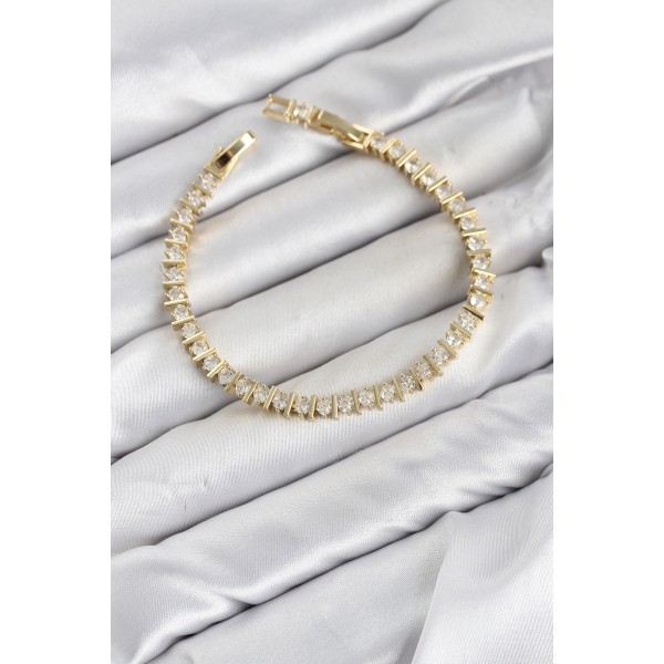 CM Şerit Model Zirkon Taşlı VIP Seri Gold Renk Pirinç Kadın Bileklik TJ-BB8606