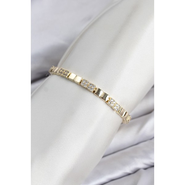 CM Kare Model Zirkon Taşlı VIP Seri Gold Renk Pirinç Kadın Bileklik TJ-BB8611