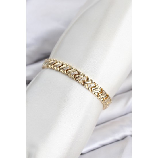 CM Geometrik Model Zirkon Taşlı VIP Seri Gold Renk Pirinç Kadın Bileklik TJ-BB8616