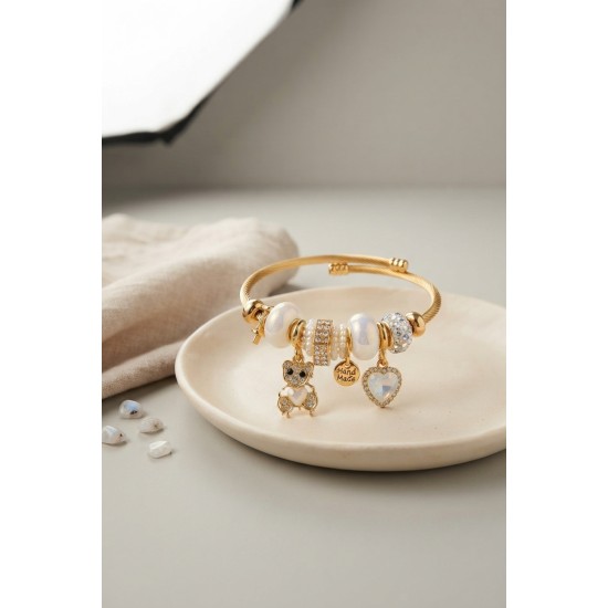 Tedy Bear Model Gold Renk Beyaz Charmlı Bileklik TJ-BB8661