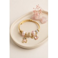 Tedy Bear Model Gold Renk Pembe Charmlı Bileklik TJ-BB8662