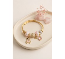 Tedy Bear Model Gold Renk Pembe Charmlı Bileklik TJ-BB8662