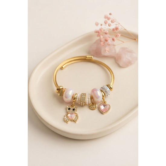 Tedy Bear Model Gold Renk Pembe Charmlı Bileklik TJ-BB8662