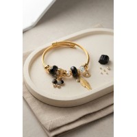 Kelebek Model Gold Renk Siyah Charmlı Bileklik TJ-BB8666