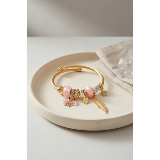 Kelebek Model Gold Renk Pembe Charmlı Bileklik TJ-BB8668