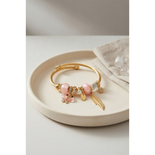 Kelebek Model Gold Renk Pembe Charmlı Bileklik TJ-BB8668