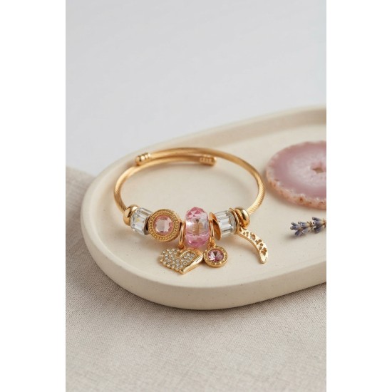 Kalp Model Gold Renk Pembe Charmlı Bileklik TJ-BB8670