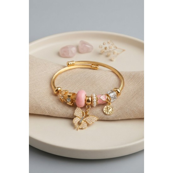 Pembe Kelebek Model Gold Renk Charmlı Bileklik TJ-BB8685