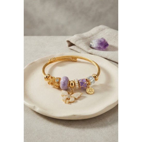 Mor Kelebek Model Gold Renk Charmlı Bileklik TJ-BB8686