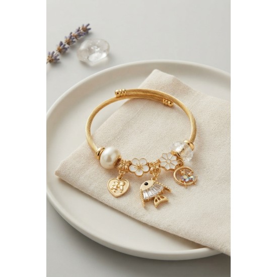 Balık Charmlı Beyaz Renk Gold Bileklik TJ-BB8705