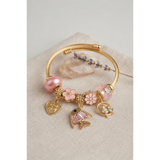 Balık Charmlı Pembe Renk Gold Bileklik TJ-BB8707