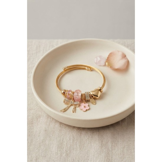 Fiyonk Charmlı Pembe Renk Gold Bileklik TJ-BB8709