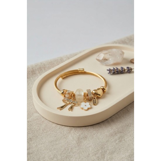 Fiyonk Charmlı Beyaz Renk Gold Bileklik TJ-BB8710