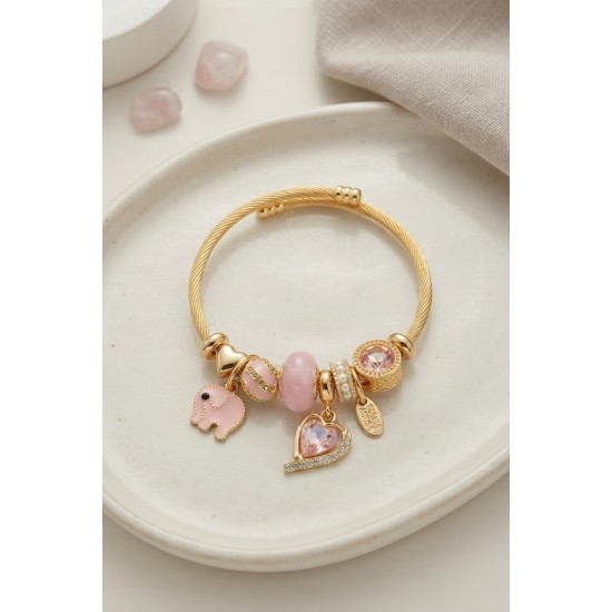 Kalp ve Fil Model Pembe Charmlı Bileklik TJ-BB8748