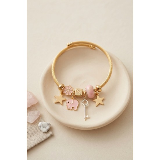 Anahtar ve Fil Model Pembe Charmlı Bileklik TJ-BB8753