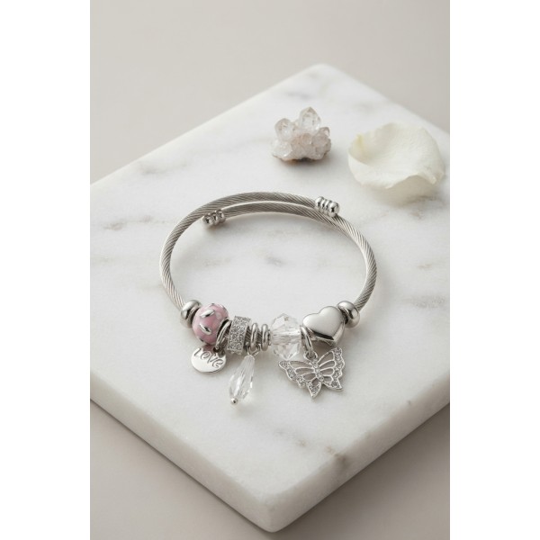 Taşlı Kelebek ve Pembe Charmlı Bileklik TJ-BB8796