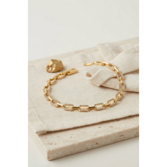 Gold Renk Pirinç Sıralı Kare Model Zirkon Taşlı Bileklik TJ-BB8848