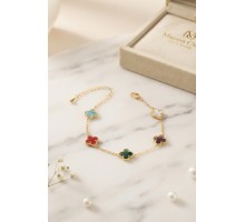 Renkli Kristal Taşlı Gold Renk Yonca Model Kadın Bileklik TJ-BB8853
