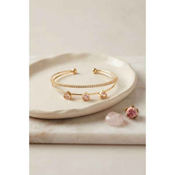 Pembe Kalp Model Zirkon Taşlı Gold Renk Kadın Bileklik TJ-BB8874