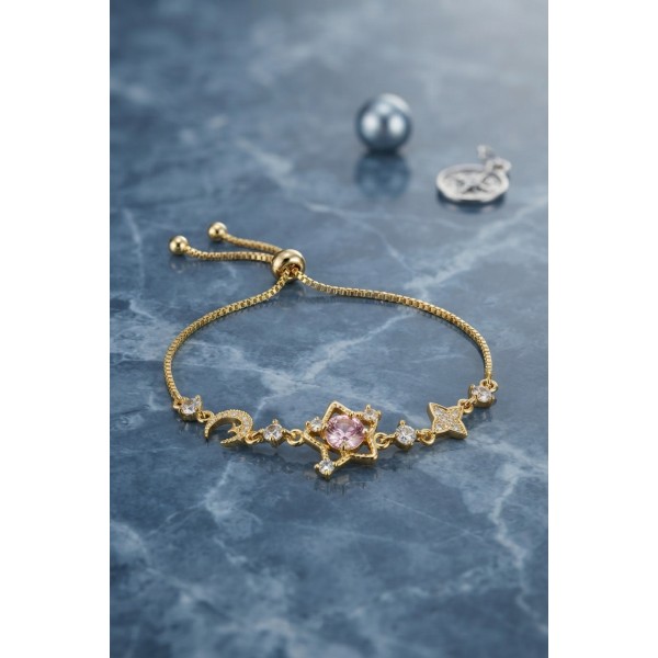 Pembe Taşlı Yıldız Model Gold Renk Zirkon Taşlı Asansörlü Bileklik TJ-BB8920