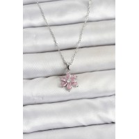 316L Çelik Zincir Gümüş Renk Pembe Zirkon Taşlı Lotus Model Kadın Kolye TJ-BKO11064