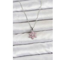 316L Çelik Zincir Gümüş Renk Pembe Zirkon Taşlı Lotus Model Kadın Kolye TJ-BKO11064