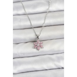 316L Çelik Zincir Gümüş Renk Pembe Zirkon Taşlı Lotus Model Kadın Kolye TJ-BKO11064