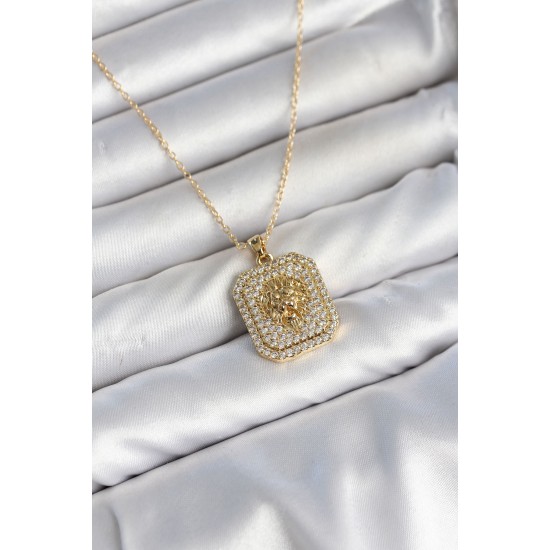 316L Çelik Zincir Gold Aslan Madalyon Model Zirkon Taşlı Kadın Kolye TJ-BKO11139