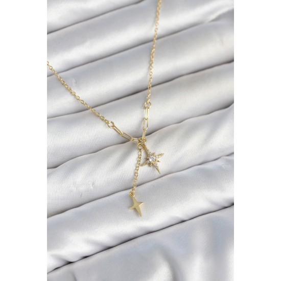 Pirinç Gold Renk Zirkon Taşlı Minimal Sallantılı Kutup Yıldızı Model Kadın Kolye TJ-BKO11143