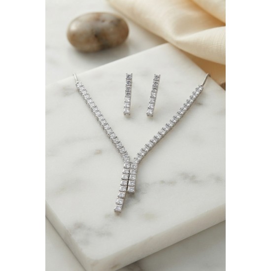 Kare Zirkon Taşlı Su Yolu Kolye ve Küpe Set TJ-BKO11157