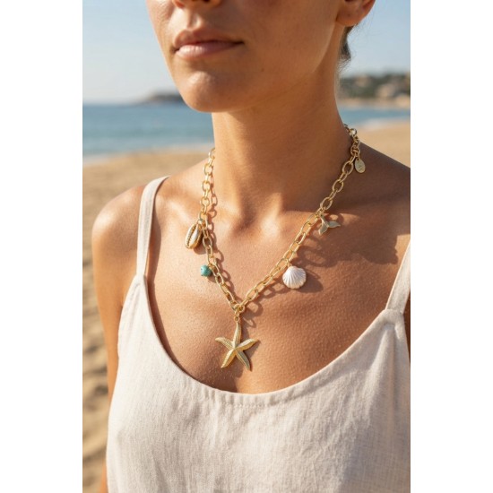 Deniz Yıldızı Charm Detaylı Gold Renk Zincir Kolye TJ-BKO11165