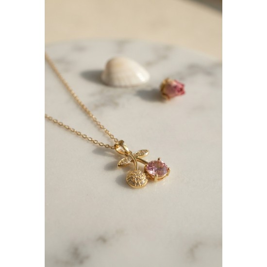 316L Çelik Zincir Gold Renk Pembe Kiraz Model Kolye TJ-BKO11190