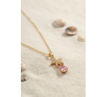 316L Çelik Zincir Gold Renk Yıldız Model Pembe Damla Taş Model Kolye TJ-BKO11194
